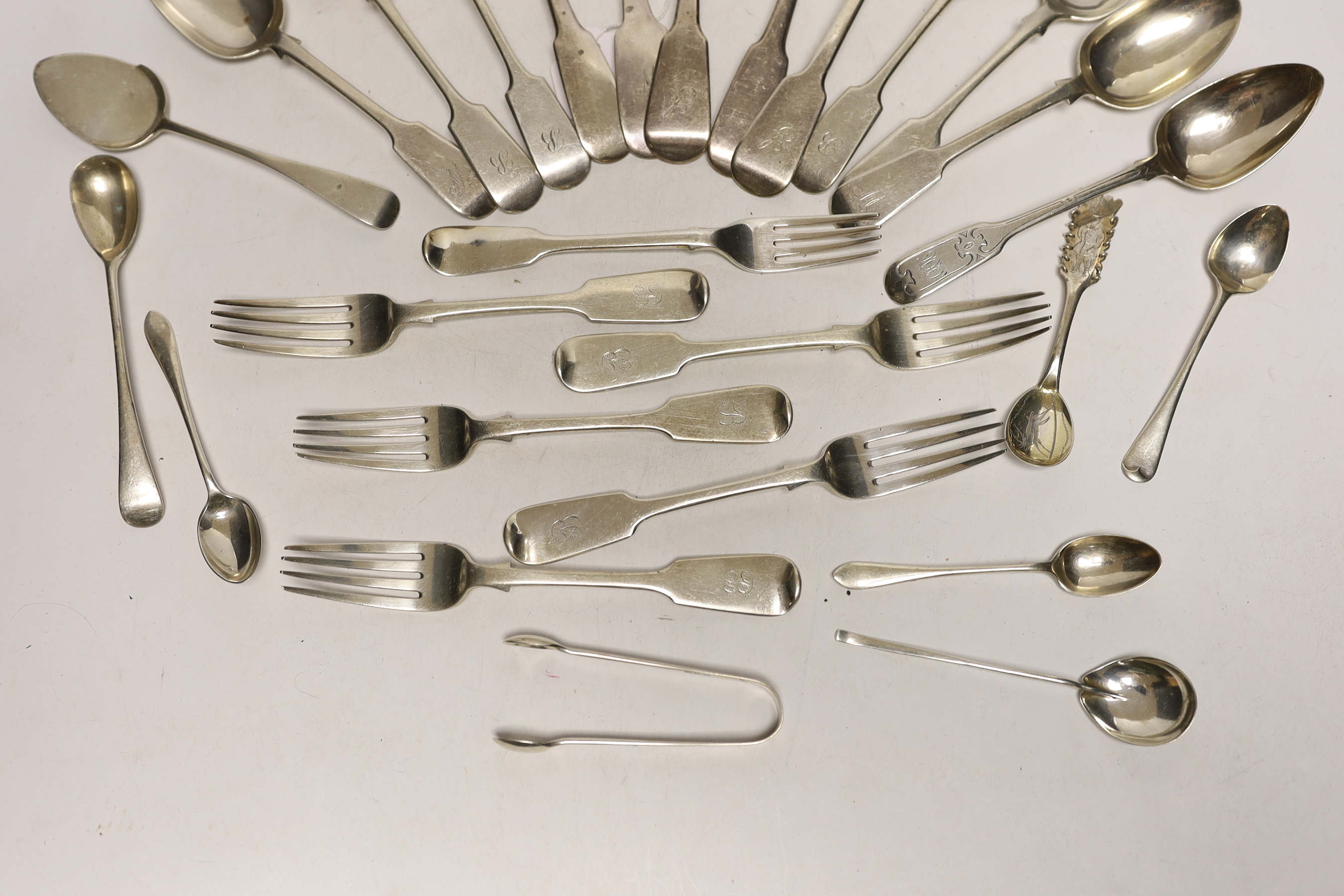 A quantity of assorted mainly 19th century silver flatware, various patterns, dates and makers and a Swedish teaspoon